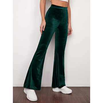 Floerns Velvet Flare Leg High Waist Pants Dark Green