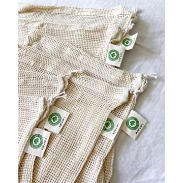Reusable Mesh Produce Bags - 8 Bags, 100% Organic Cotton Reusable Net Vegetable Bags - Environment-friendly & Washable Fruit, Vegetable & Produce Bags (2 X Large, 2 Large, 2 Medium, 2 Small)