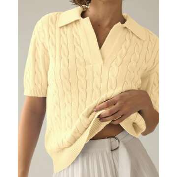Imily Bela Women's Cable Short Sleeve Solid Lapel V Neck Knit Casual Soft Pullover Sweatshirt Light Yellow