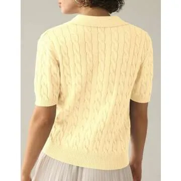 Imily Bela Women's Cable Short Sleeve Solid Lapel V Neck Knit Casual Soft Pullover Sweatshirt Light Yellow
