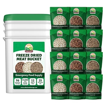 92 Serving Freeze Dried Meat Bucket | Premium Emergency Food Supply with 1,352g Protein | 25 Year Sh...