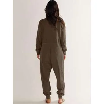 ANRABESS Jumpsuits for Women 2024 Fall Long Sleeve Casual Loose Fit Romper Lounge One Piece Pajamas Outfits Jumper Brown Small