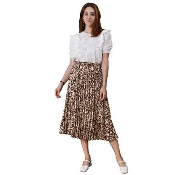 CHARTOU Women's Chic Elastic High Waisted A-Line Leopard Print Pleated Shirring Midi Skirt
