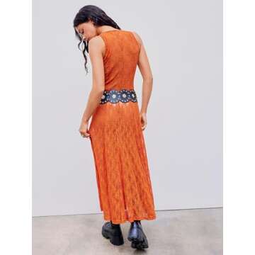 CIDER Women's Sexy V-Neck Floral Lace Maxi Dress Sleeveless Semi-Sheer Dresses Summer Fall Orange