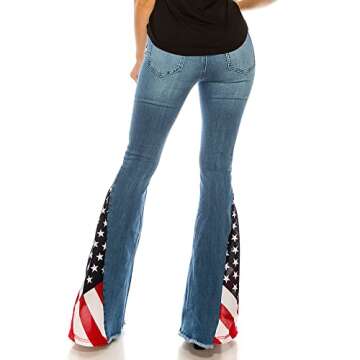 Women's Ripped American Flag Bell Bottom Jeans High Waisted Frayed Raw Hem Classic Slim Denim Pants,Blue,Small