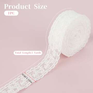 White Lace Ribbon Lace Trim Ribbon Floral Lace Ribbon Vintage Crochet Ribbon Mesh Lace Applique Cotton Lace Ribbon for Wedding Bridal Decoration DIY Craft Sewing Home Decoration Gift Wrapping(5 Yards)