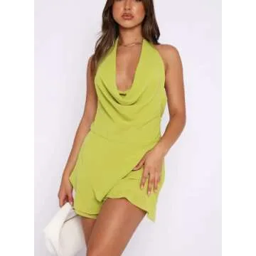 Argeousgor Women Deep V Neck Backless Short Dress Flare Sleeve Cut Out Mini Dress Sexy Off Shoulder Dresses Party Clubwear H-green