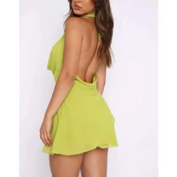 Argeousgor Women Deep V Neck Backless Short Dress Flare Sleeve Cut Out Mini Dress Sexy Off Shoulder Dresses Party Clubwear H-green