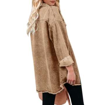 Vetinee Women's Western Jackets for Women Oversized Boyfriend Almond Brown Front Button Up Frayed Ra...