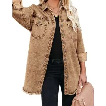 Vetinee Women's Western Jackets for Women Oversized Boyfriend Almond Brown Front Button Up Frayed Raw Hem Long Sleeve Pockets Denim Jean Jacket Shacket X-Small Size 0 Size 2