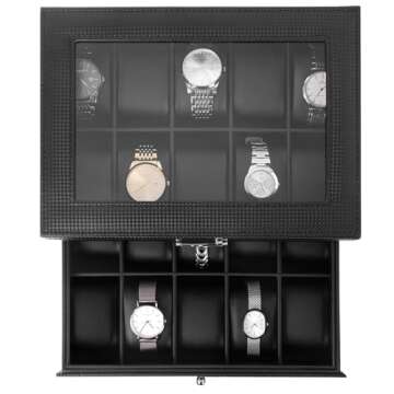 BEWISHOME 20 Slots Watch Box with Glass Top for Men