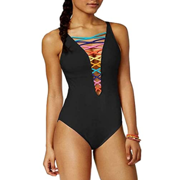 SOFIA'S CHOICE Women's Sexy One Pieces Swimsuit Lace Up Lattice Front Deep V Bathing Suit Black Large