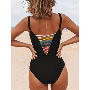 SOFIA'S CHOICE Women's Sexy One Pieces Swimsuit Lace Up Lattice Front Deep V Bathing Suit Black Large