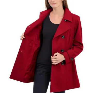 Anne Klein Womens Classic Double Breasted Pea Coat in Red