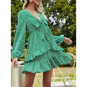 Conmoto Women's Sexy Long Sleeve Lace Ruffle Mini Dress Hollow Out Summer Dress