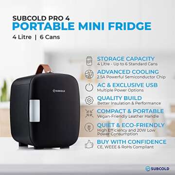 Subcold Pro4 Luxury Mini Fridge Cooler 4 Litre / 6 Cans AC & Exclusive USB ECO Power Option | Portab...
