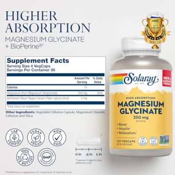 SOLARAY Magnesium Glycinate Capsules, Chelated Magnesium Bisglycinate w/BioPerine, Higher Absorption...