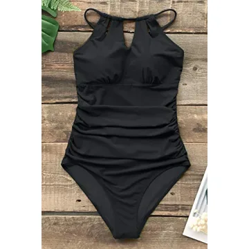 CUPSHE Women's One Piece Swimsuit Tummy Control Cutout High Neck Bathing Suit, L Black