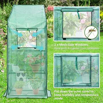 Ohuhu Greenhouse for Outdoors with Mesh Side Windows, 3 Tiers 4 Shelves Small Walk-In Green House Plant Stands Plastic PE Cover Outside Portable Warm House for Seedling Flowers Growing, 4.8x2.5x6.4 FT