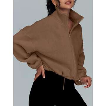 AUTOMET Womens Fleece Jackets Zip Up Oversized Sweatshirts Winter Clothes Long Sleeve Crop Sherpa Fall Outfits Fashion Coffee L