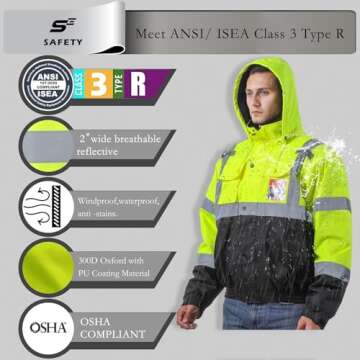 Reflective Hi Vis Winter Jacket, Safety Yellow Jackets for Men, High Visibility Work Construction Ja...