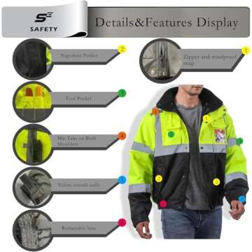 Reflective Hi Vis Winter Jacket, Safety Yellow Jackets for Men, High Visibility Work Construction Jackets