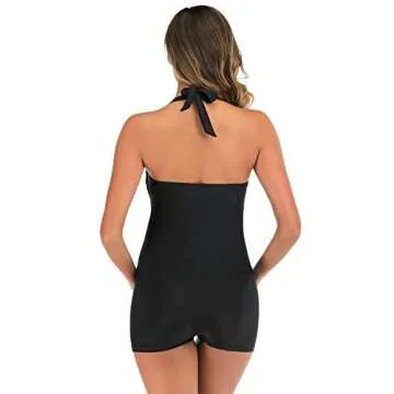 Maternity One Piece Swimwear Retro Halter Swimsuit with Boyleg Pregnancy Bathing Suit Boyshort Black XXL