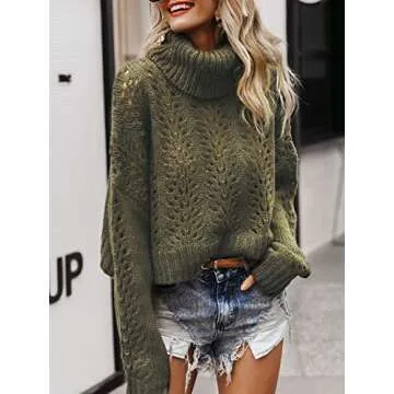 Sollinarry Women's Turtleneck Drop Long Sleeve Loose Hollow Out Knit Pullover Sweater Green 4/6