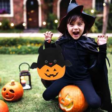 Ohjijinn Halloween Trick or Treat Bags, Cute Bat Pumpkin Candy Bucket Tote Bag, Multipurpose Reusable Felt Bags Basket for Kids Party Favors Gifts Bags