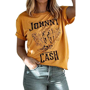 Cash T-Shirt Women Long Boots Graphic Short Sleeve Tees Loose Top Country Music Party Shirt Blouse T...