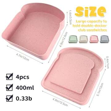 4Pcs Sandwich Containers for Lunch Boxes, Reusable Sandwich Box Container for Kids, Sandwich Holder Bread Container for Adults, BPA Free, Microwave & Dishwasher Safe, School, Office, Camping