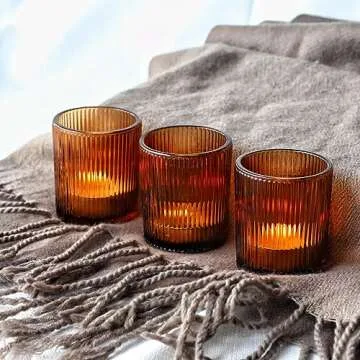 VOHO Amber Candle Holders for Votive Candles/Tea Lights Candles, Ribbed Votive Candle Holders for Table Centerpiece, 12pcs Tealight Candle Holder Decor for Thanksgiving & Christmas