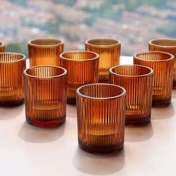 VOHO Amber Candle Holders for Votive Candles/Tea Lights Candles, Ribbed Votive Candle Holders for Table Centerpiece, 12pcs Tealight Candle Holder Decor for Thanksgiving & Christmas
