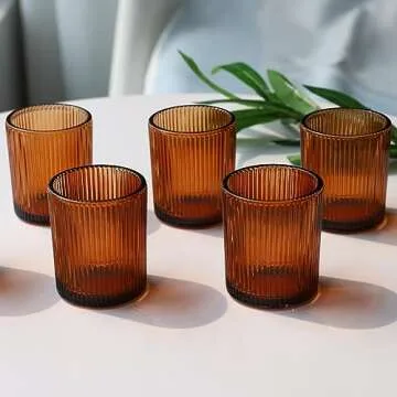 VOHO Amber Candle Holders for Votive Candles/Tea Lights Candles, Ribbed Votive Candle Holders for Table Centerpiece, 12pcs Tealight Candle Holder Decor for Thanksgiving & Christmas
