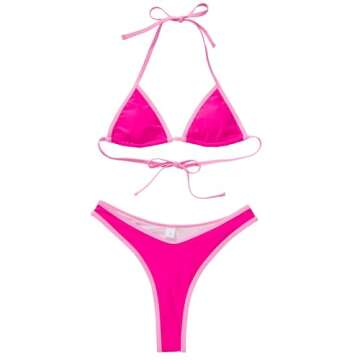 SUUKSESS Women Sexy Thong String Two Piece Bikini Sets Triangle Cheeky Halter Swimsuits Color Block Bathing Suits(Pink Color Block,M)