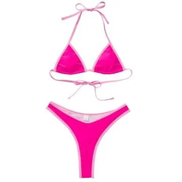 SUUKSESS Women Sexy Thong String Two Piece Bikini Sets Triangle Cheeky Halter Swimsuits Color Block Bathing Suits(Pink Color Block,M)