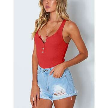 REORIA Women's Sexy Scoop Neck Racerback Tank Top Button Down Stretchy Leotard Bodysuits Red Small