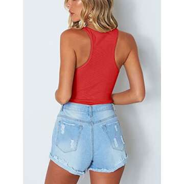 REORIA Women's Sexy Scoop Neck Racerback Tank Top Button Down Stretchy Leotard Bodysuits Red Small