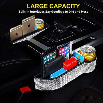 eing Car Seat Side Drop Organizer,Side Slit Car Seat Gap Filler,Car Seat Console Storage Organizer,Bling Seat Pockets with Cup Holder and 2 Charging Port,2PC/1Pair (Clear/Pure White Diamonds)