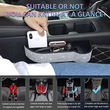 eing Car Seat Side Drop Organizer,Side Slit Car Seat Gap Filler,Car Seat Console Storage Organizer,Bling Seat Pockets with Cup Holder and 2 Charging Port,2PC/1Pair (Clear/Pure White Diamonds)