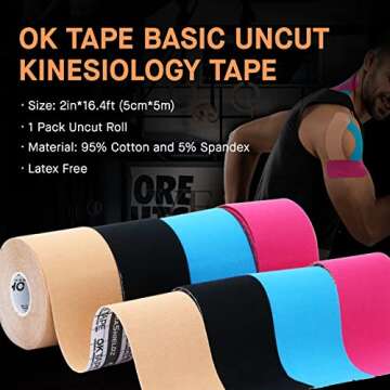 OK TAPE Kinesiology Tape, Regular Original Cotton Elastic Athletic Tape for Support and Recovery, Sports Tape Therapeutic Pain Relief, 2in×16.4ft Uncut Roll - Pink