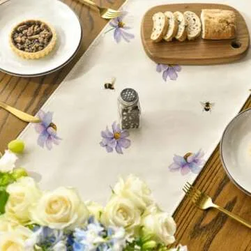 Purple Flowers Daisy Bees Summer Table Runner, Seasonal Holiday Kitchen Dining Table Decoration for Home Party Indoor 13x72 Inch