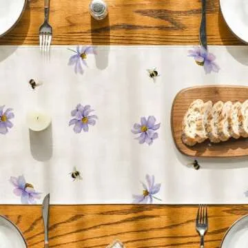 Purple Flowers Daisy Bees Summer Table Runner, Seasonal Holiday Kitchen Dining Table Decoration for Home Party Indoor 13x72 Inch