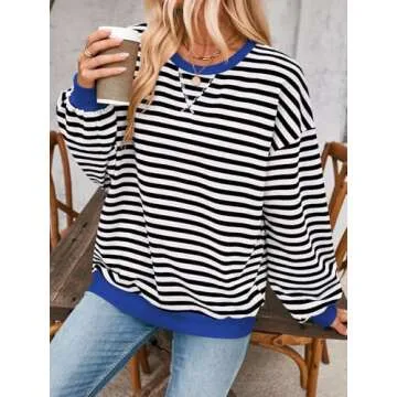 Women Striped Oversized Sweatshirt Long Sleeve Crewneck Casual Hoodies Shirts 2024 Fall Pullover Top Y2K Clothes Black Small