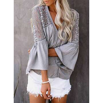 Biucly Women's Casual Long Sleeve Shirts Boho V Neck Chiffon Lace Crochet Bell Sleeve Blouses Tops for Women,US 16-18(XL),Grey