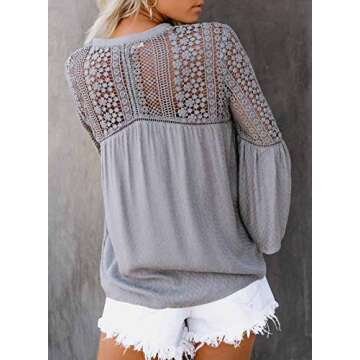 Biucly Women's Casual Long Sleeve Shirts Boho V Neck Chiffon Lace Crochet Bell Sleeve Blouses Tops for Women,US 16-18(XL),Grey