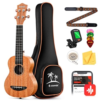 Donner Concert Ukulele Beginner Mahogany 23 Inch Ukelele Kit with Free Online Lesson Gig Bag Strap N...