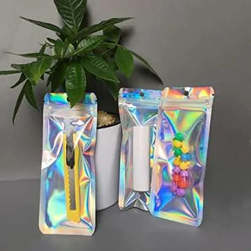 Resealable Holographic Bags 100 Pack for Gift Packaging