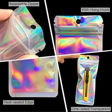 Resealable Holographic Bags 100 Pack for Gift Packaging