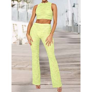 Green Mesh Sheer 2 Piece Outfits for Women Sexy Summer Sleeveless Going Out Tops Bodycon Pants Suit Set Y2k Streetwear